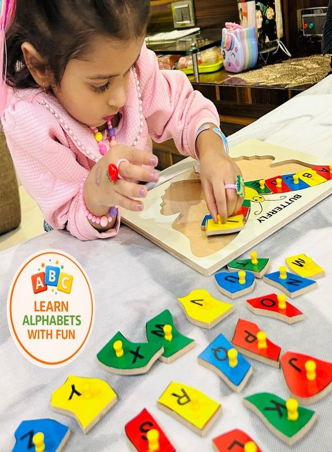 Toyjos Butterfly Shape Wooden Board with Alphabets Knob Puzzle | Preschool Learning Kids 26 (A-Z) Capital Letters Educational Puzzle Board Game Toys | Birthday Gifts for Boys, Girls (Multicolour) - Image 2
